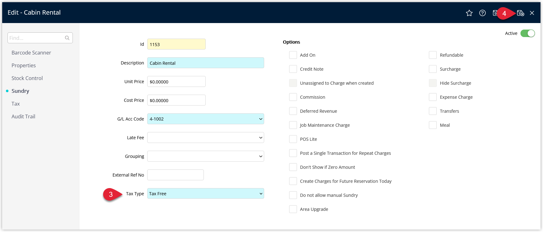 Sundry Charge detail screen with the GST Tax Type updated and a Save/Exit button highlighted to save the configuration