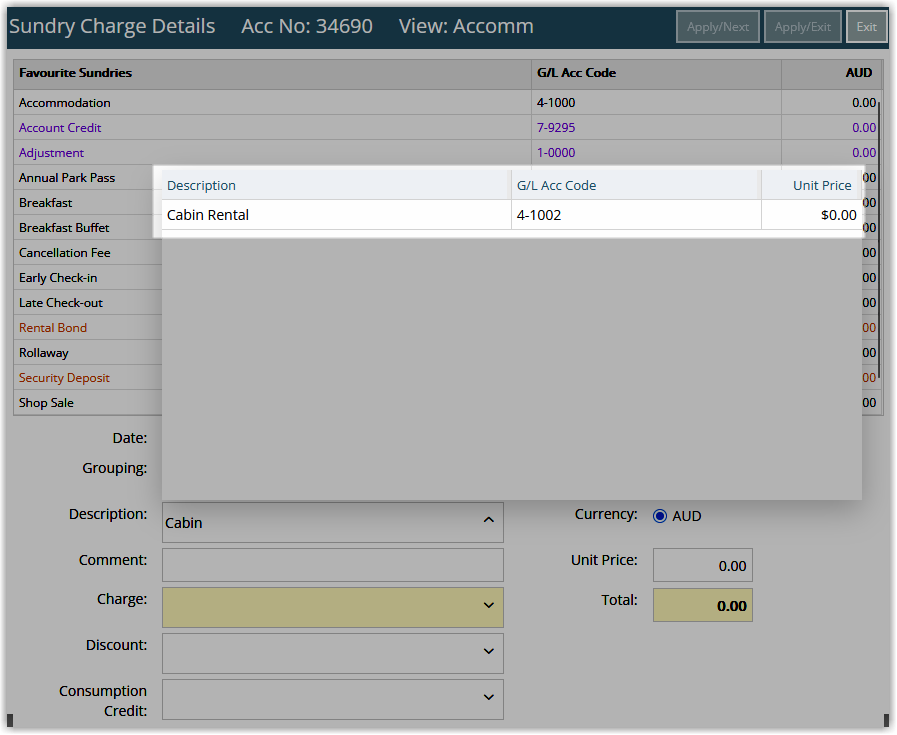 Reservation or Guest Account posting screen showing the Sundry field dropdown with the configured sundry charge available for selection