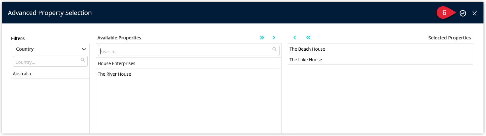 Properties allocation dialog with selected properties in the allocated list and an Apply/Exit button to confirm property assignment