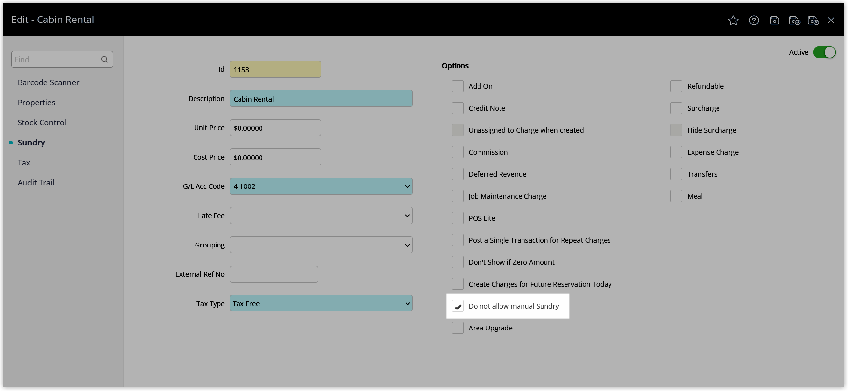 Sundry Charge detail screen showing the Do not allow manual Sundry checkbox ticked, indicating it cannot be manually posted to accounts