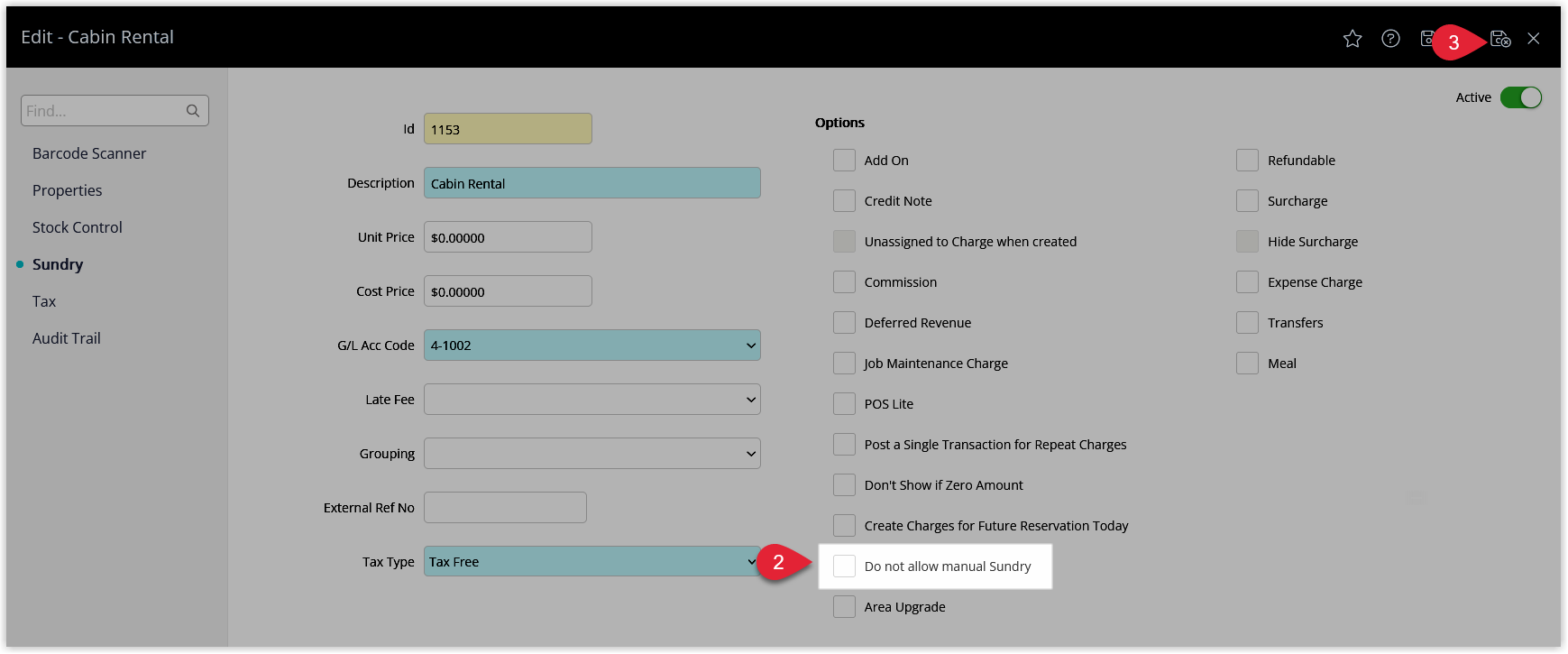 Sundry Charge detail screen with manual posting now allowed and the Save/Exit button highlighted
