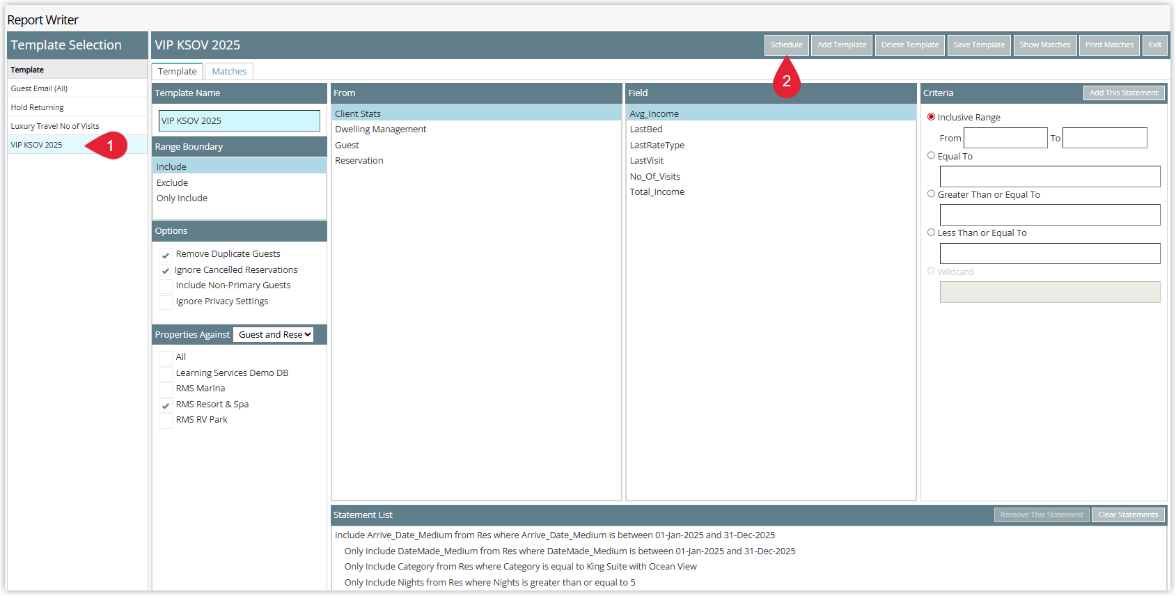 Screenshot of the Report Writer screen in RMS showing a list of search templates with one template selected and the Schedule button highlighted to set up an automatic export.