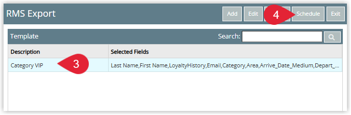Screenshot of the Report Writer Schedule setup in RMS showing an Export Template dropdown with a template selected and the Schedule option chosen to configure when the export will run.