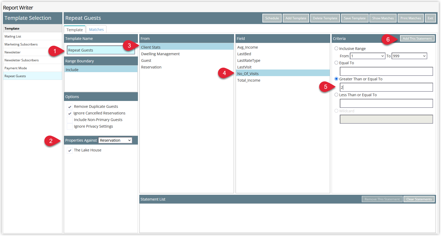 Report Writer screen in RMS showing Template Name, Property, From and Field selections with criteria entered and the Add This Statement button highlighted to create the first search condition