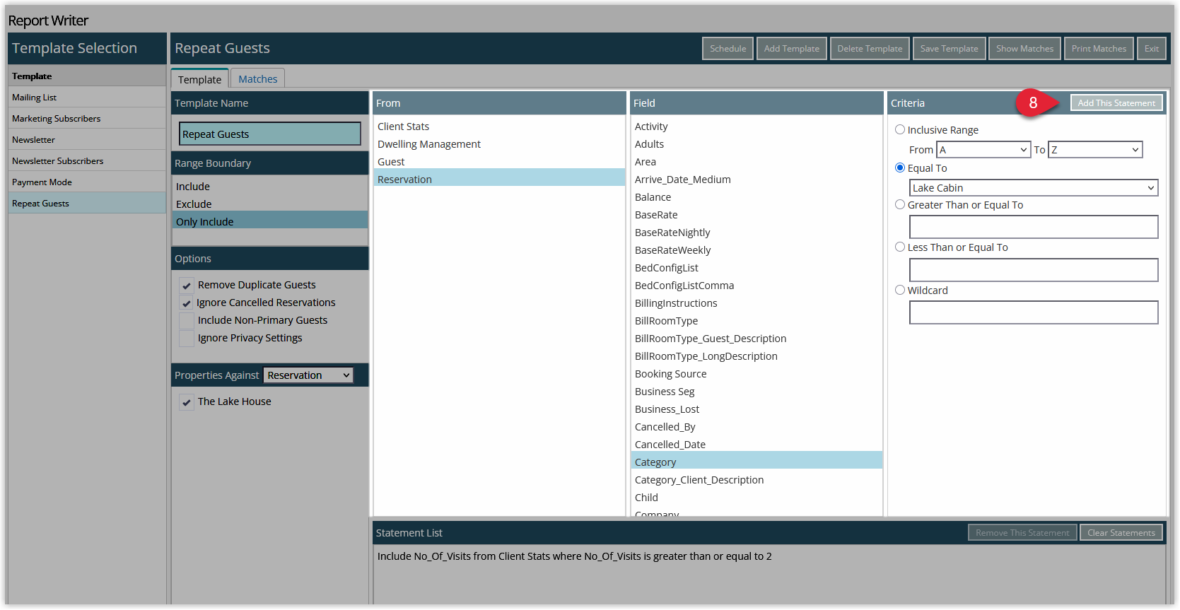 Report Writer advanced search template showing multiple stacked conditions with fields, criteria and Range Boundaries forming a complex filter