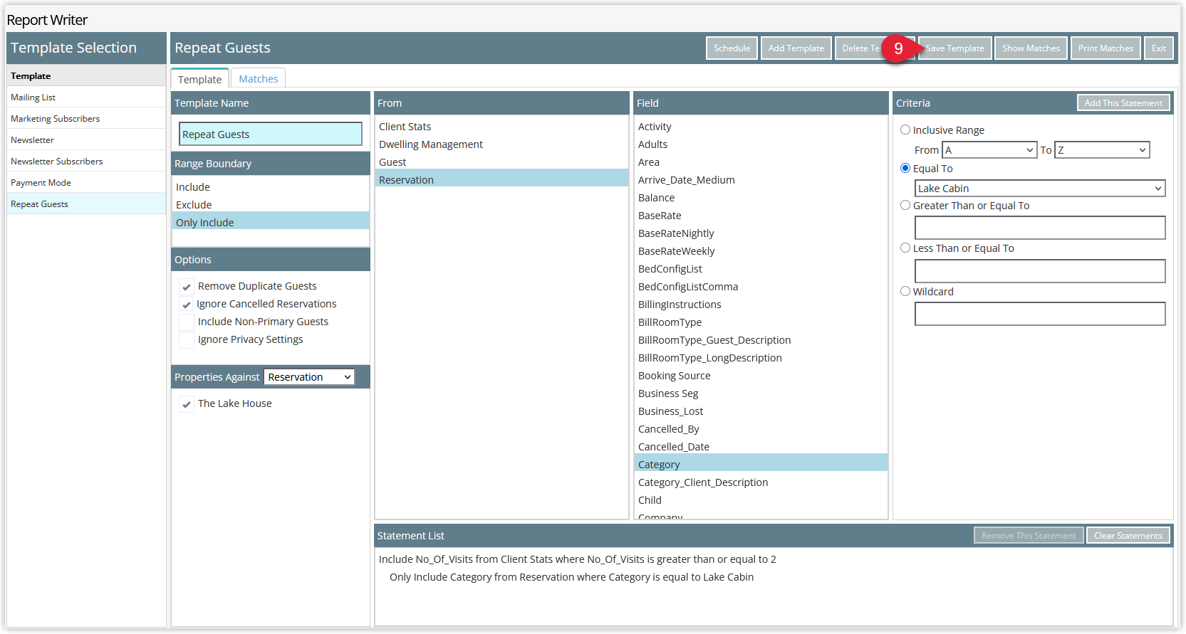 Report Writer screen with the completed advanced search template and the Save button highlighted to store the template
