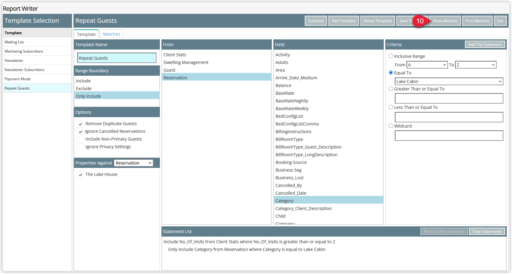 Report Writer results screen listing records that match the advanced search template with columns for the selected fields and options to export