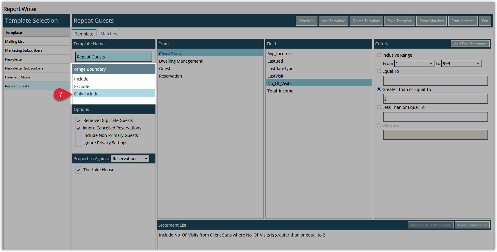 Report Writer template builder displaying the newly added statement with options to set the Range Boundary using AND/OR and bracket controls for advanced logic