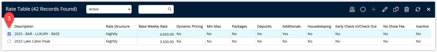 Annotated screenshot of the Rate Table list in RMS showing active rate tables with the 2025 BAR Luxury Base table selected