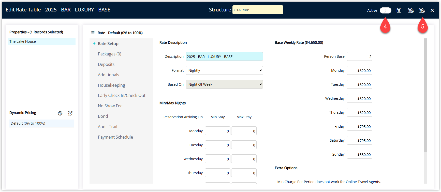 Annotated screenshot of the Edit Rate Table screen in RMS showing the Rate Setup with the Active toggle switched off to make the rate table inactive