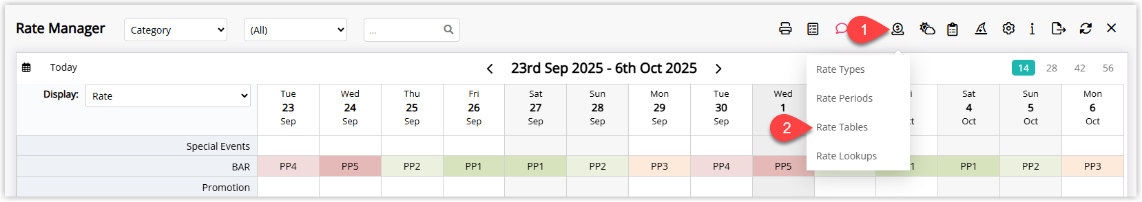 Annotated screenshot of the Rate Manager in RMS showing the Rates dropdown menu with Rate Tables highlighted