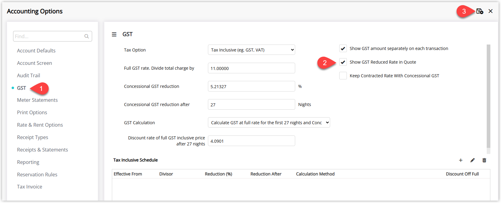 RMS Accounting Options window on the GST tab showing the option Show GST Reduced Rate in Quote ticked, indicating that quoted rates will display with the GST-reduced value when the reservation meets Reduced GST criteria, and the Save/Exit button highlighted to apply this setting for future reservations and recalculated rates.
