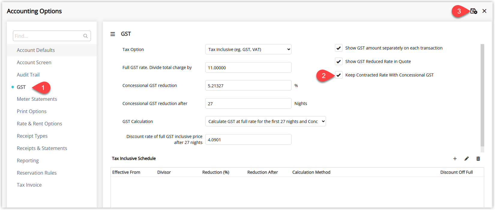 Annotated screenshot of the Accounting Options GST tab in RMS with the Keep Contracted Rate With Concessional GST option highlighted