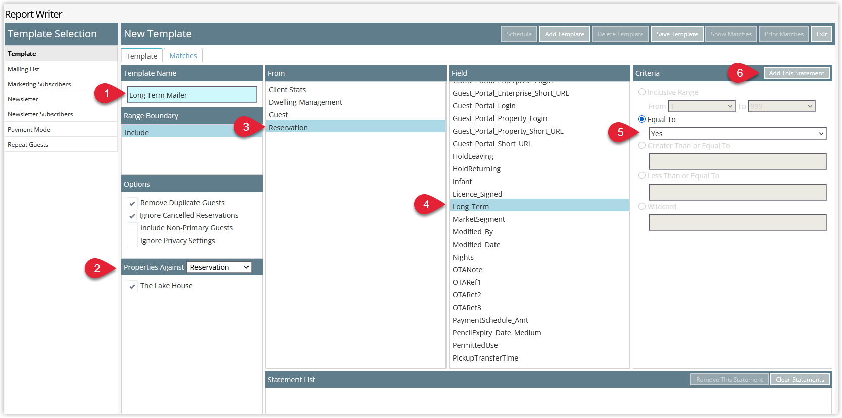 RMS Report Writer search setup screen with Template Name and Property entered, From set to Reservation, Field set to Long Term, Criteria set to Equal To and Yes, and the Add This Statement button highlighted to add the filter for long-term reservations.