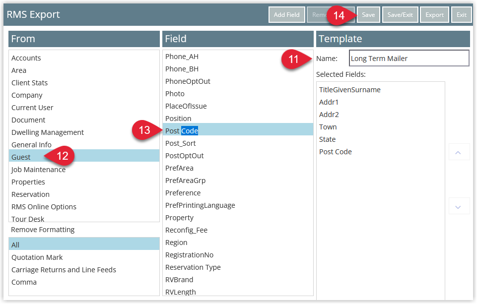 RMS Report Writer Export Template editor showing a template name entered, From set to Guest, and selected fields including TitleGivenSurname, Address, Town, State, and Post Code, with the Save button highlighted to save the export layout.