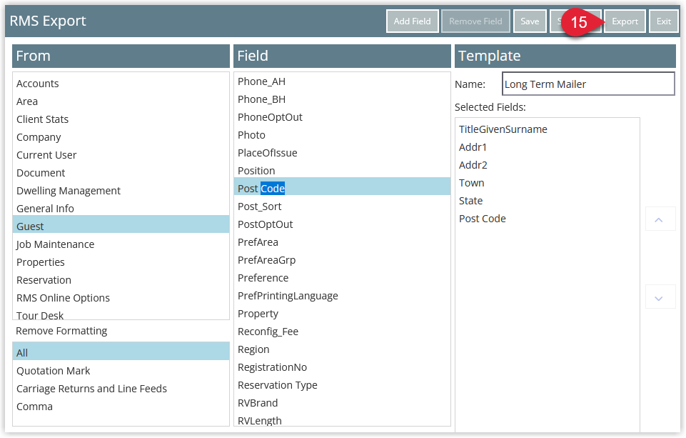 RMS Report Writer export dialog showing the selected export template and an option chosen to Export to use the current Report Writer search matches as the data source.