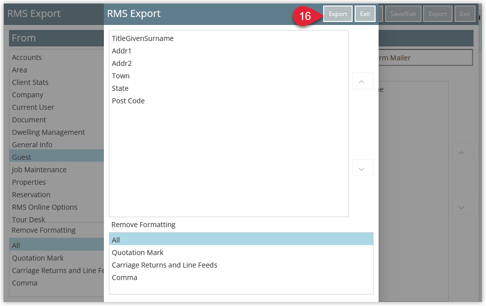 RMS Report Writer export confirmation screen with the chosen export template selected and the Export button highlighted to generate the mailing list file.