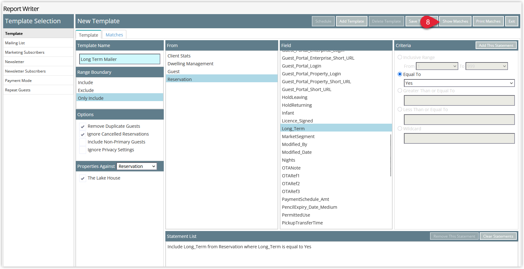 RMS Report Writer interface with the saved long-term reservation template selected and the Show Matches button highlighted to display all matching long-term guest records.