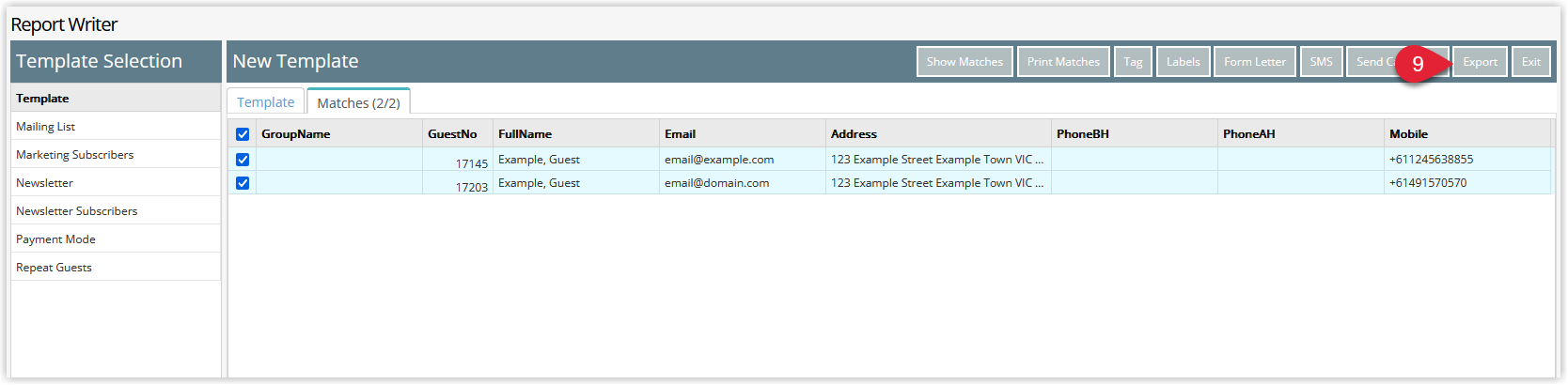 RMS Report Writer results screen showing the list of matching long-term reservations and the Export button highlighted to create or use an export template for the mailing list.