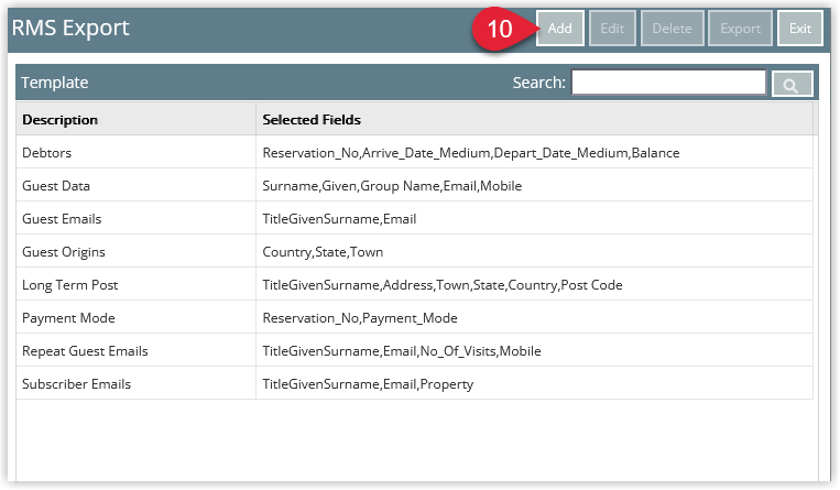RMS Report Writer Export Templates window displaying an empty or existing list of templates with the Add button highlighted to create a new export layout for long-term guest mailing details.
