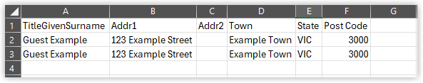 Example view of a downloaded CSV file opened in a spreadsheet application, displaying columns for TitleGivenSurname, Address, Town, State, and Post Code, listing long-term guest records ready for use as a mailing list.