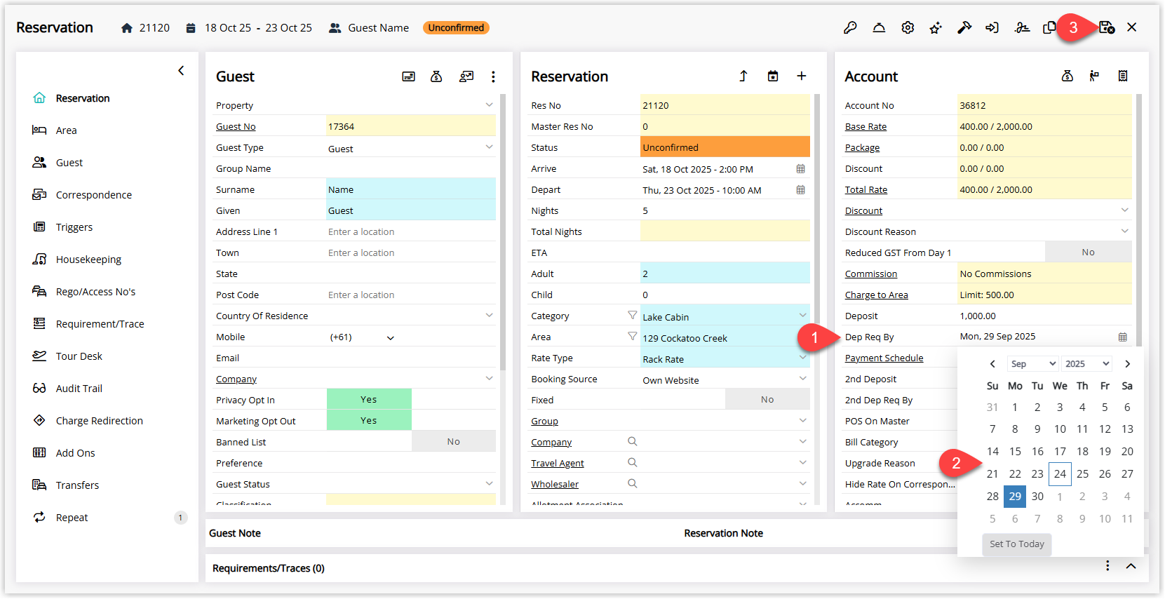 Annotated screenshot of a reservation Account in RMS with the Deposit Due Date field and an open date picker calendar highlighted