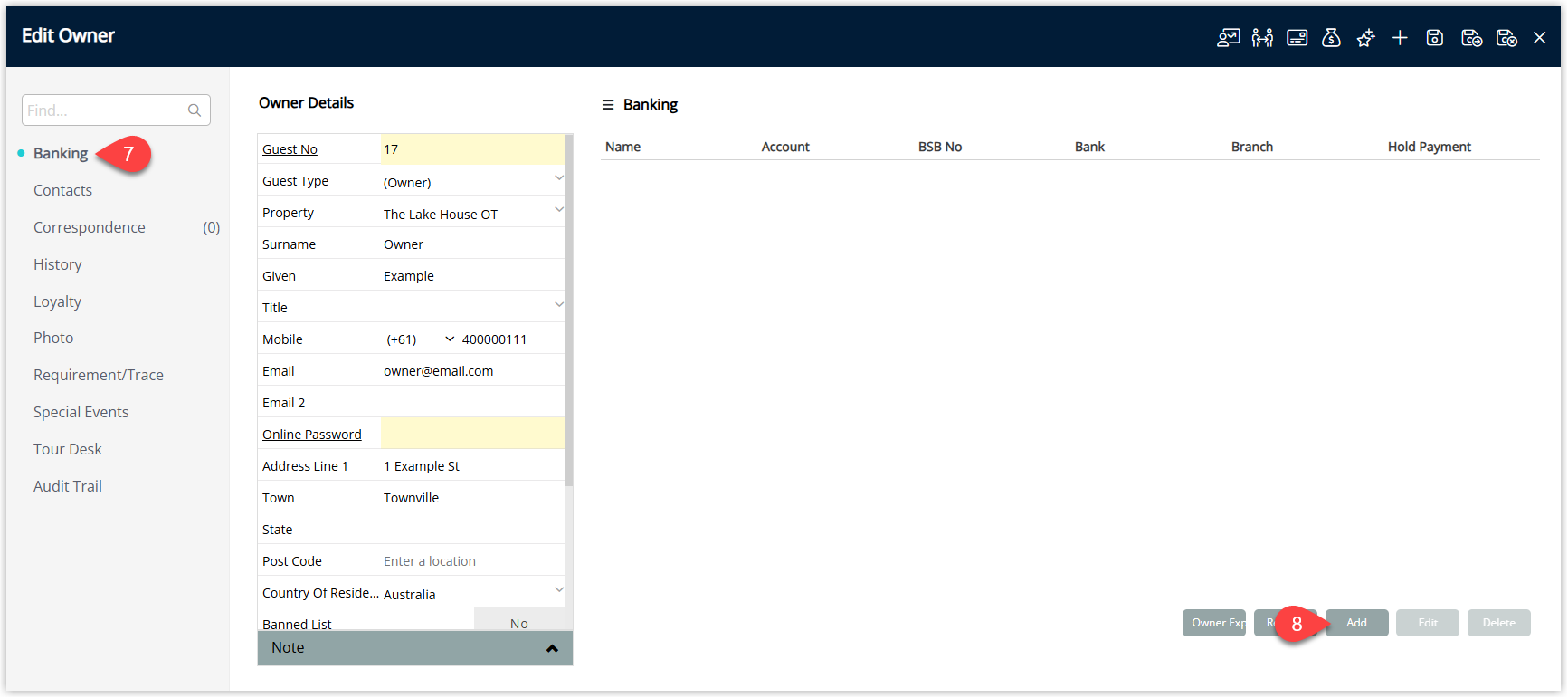Owner Profile Banking tab in RMS with the Add button highlighted to add bank account details for the owner.