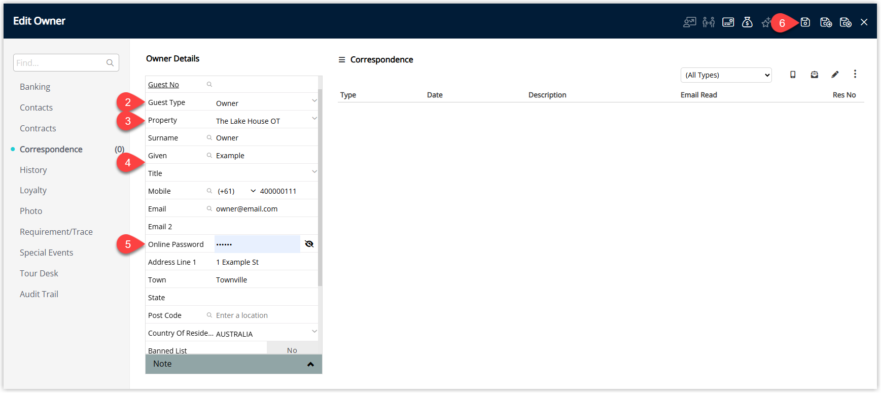 Owner Profile creation form in RMS showing required fields for owner name, contact details and address.