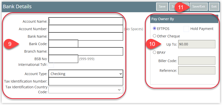 Owner Bank Details entry form in RMS showing account name, BSB, account number and payment method fields.