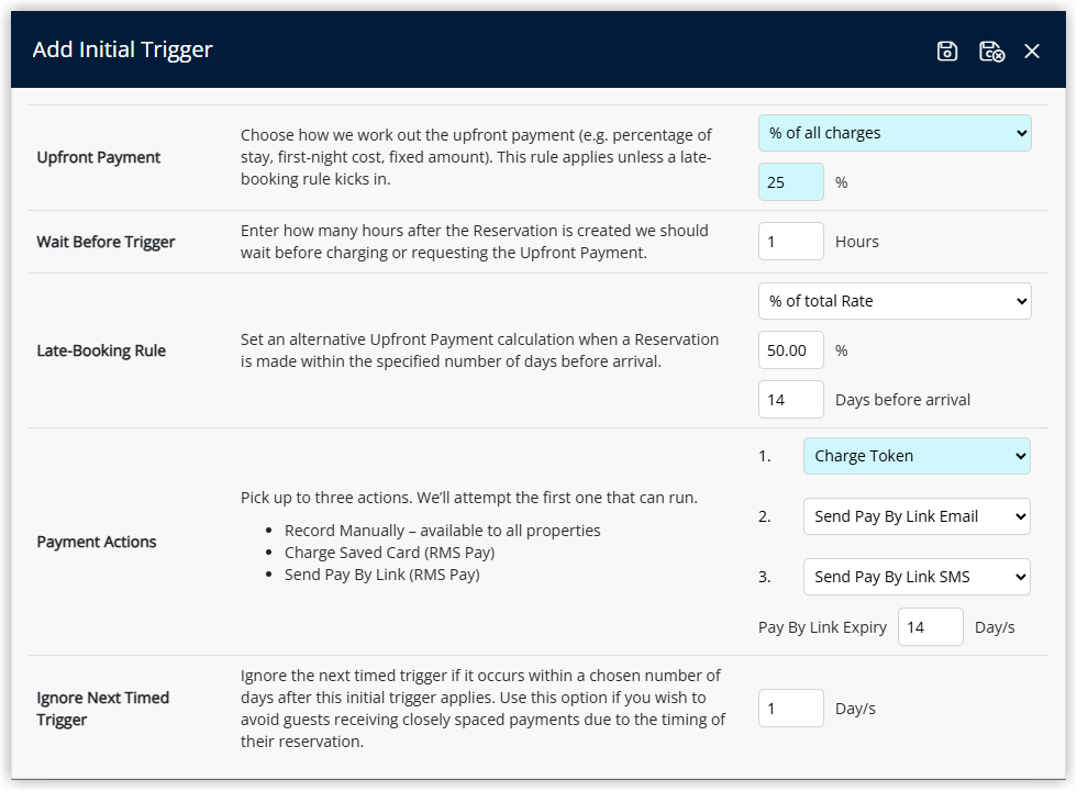 Initial Trigger configuration window displaying sections for Upfront Payment wait before trigger late booking rule payment actions ignore next timed trigger and Save Exit controls.