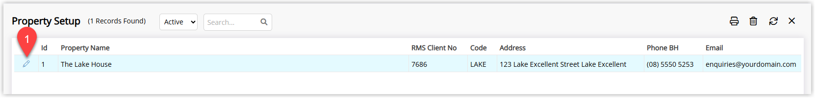 Annotated screenshot of the Property Setup list in RMS showing The Lake House property with the edit icon highlighted