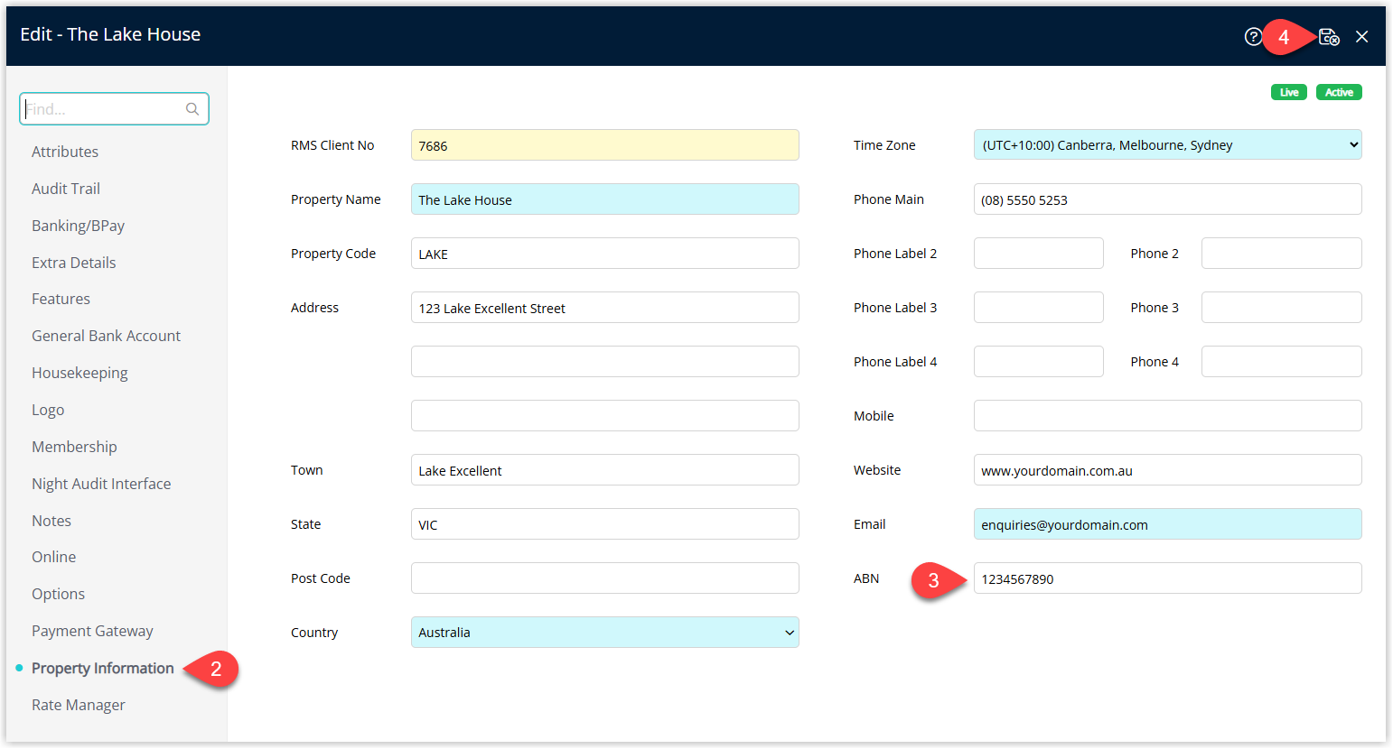 Annotated screenshot of the Property Information screen in RMS showing the property details with the ABN field highlighted