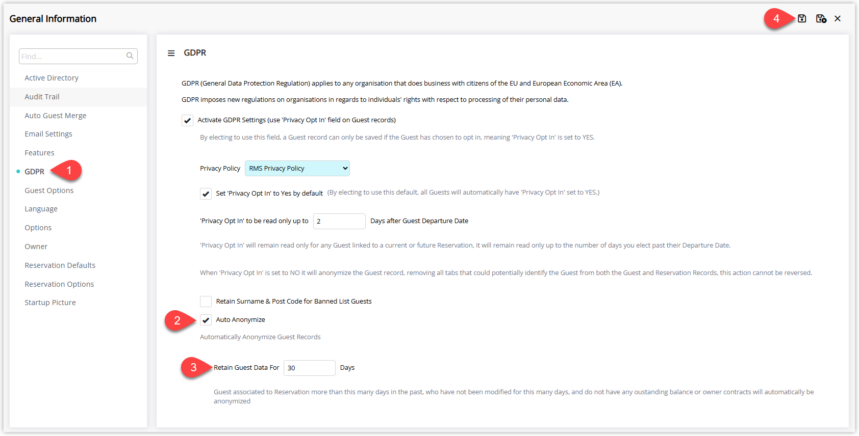 Annotated screenshot of the GDPR settings screen in RMS with the Auto Anonymize option and the Retain Guest Data For field highlighted