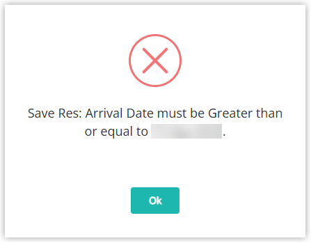 Reservation screen displaying a warning dialog stating that the reservation cannot be created because the Arrive Date is earlier than the allowed number of days in the past, referencing the 'No. of Days in the Past to Allow Reservation' setting