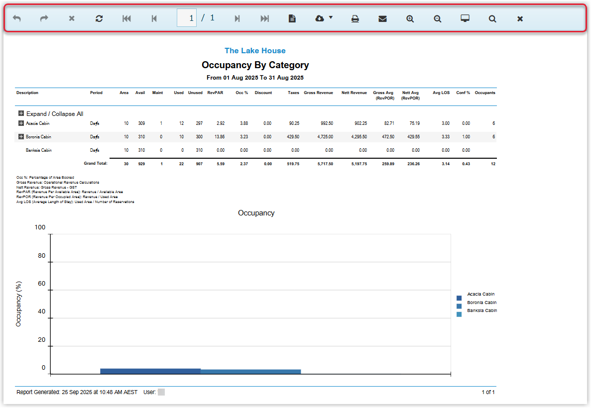 Interactive report on screen in RMS with a prominent blue toolbar at the top of the report viewer, indicating that this is an interactive report