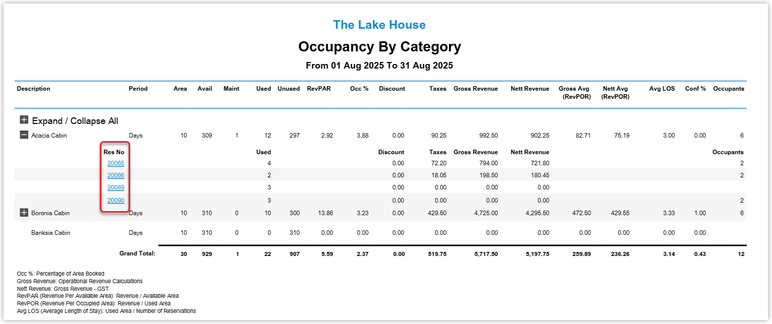 Interactive report table with Reservation Number and Account Number values formatted as clickable links, allowing users to open the corresponding reservation or account in a new browser tab
