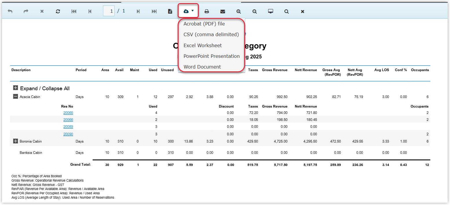 Interactive report toolbar in RMS showing export options in a dropdown menu, including PDF, CSV, Excel, PowerPoint, Rich Text Format, TIFF, Web Archive, Word and XPS document formats