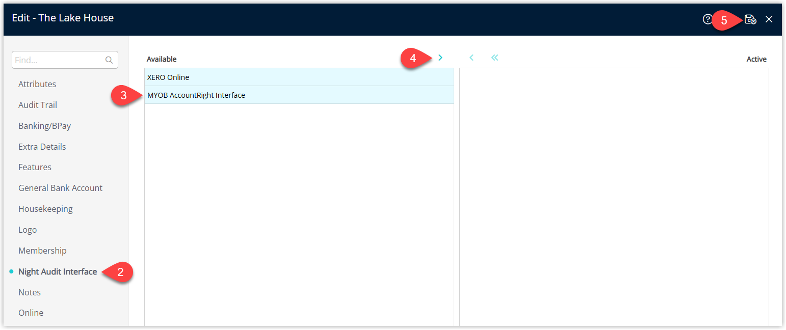 Annotated screenshot of the Night Audit Interface tab in RMS showing the available interfaces with the move and save controls highlighted