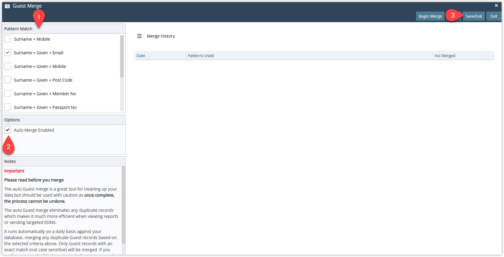 Annotated screenshot of the Guest Merge screen in RMS showing the Pattern Match options with Auto Merge Enabled selected
