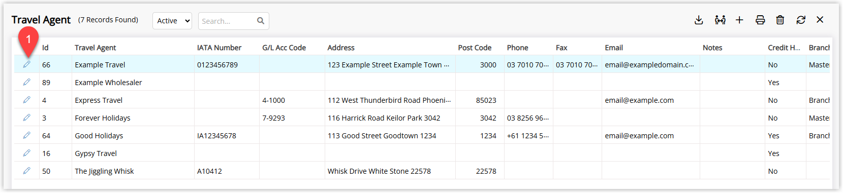 Screenshot of the Travel Agent setup screen in RMS showing a list of travel agents with options to add, edit and configure each agent's details.