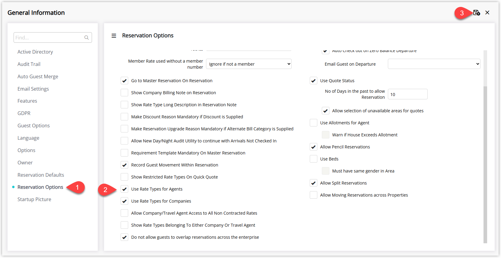 Screenshot of the Reservation Options tab in RMS showing Travel Agent–related checkboxes selected to allow travel agent rates and commission to be used on reservations.