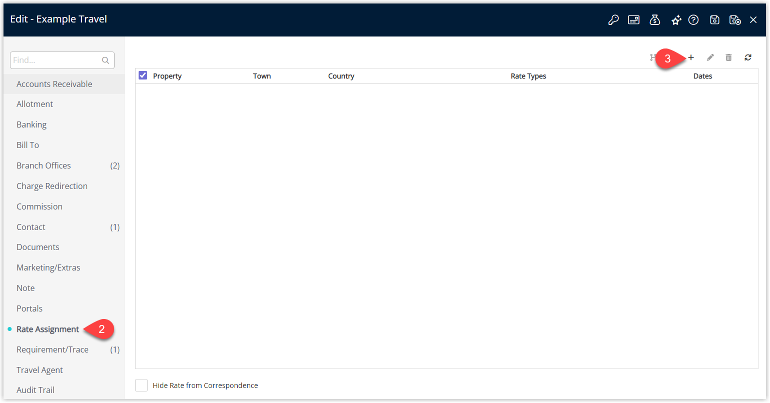 Screenshot of the Travel Agent Rate Assignment tab in RMS showing the Add button to link rate types to the agent and the Hide Rate on Correspondence option.