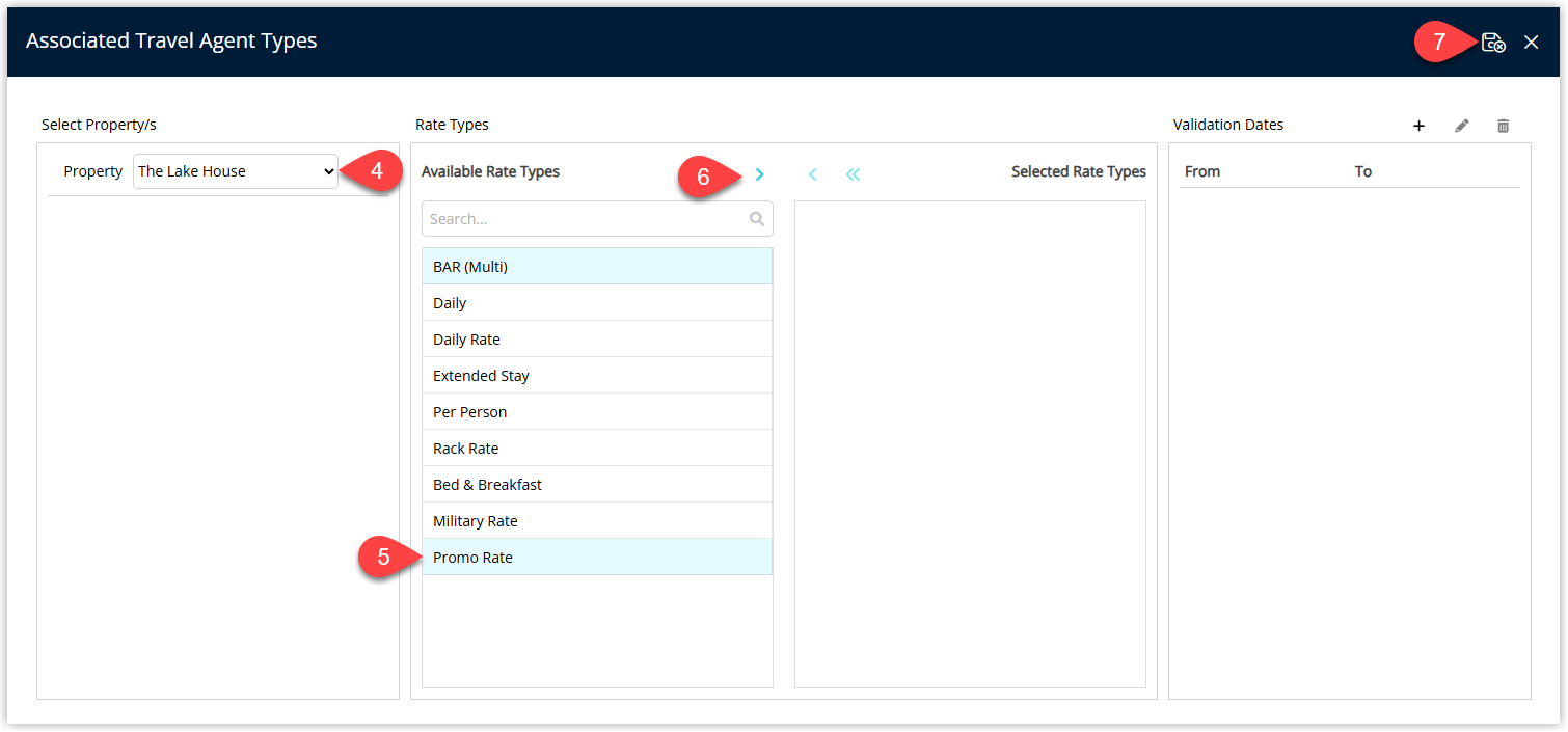 Screenshot of the rate selection window in RMS showing available rate types with arrow icons to move them to the selected list and fields to set validation start and end dates for the travel agent rates.