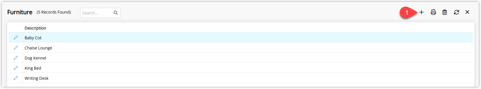 Screenshot of the Furniture setup screen in RMS showing a list of existing furniture items with an Add button to create a new furniture record.
