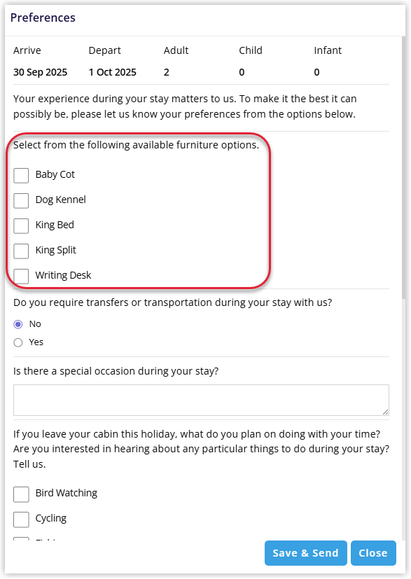 Screenshot of the Guest Portal in RMS showing available furniture options that guests can select or request as part of their reservation.