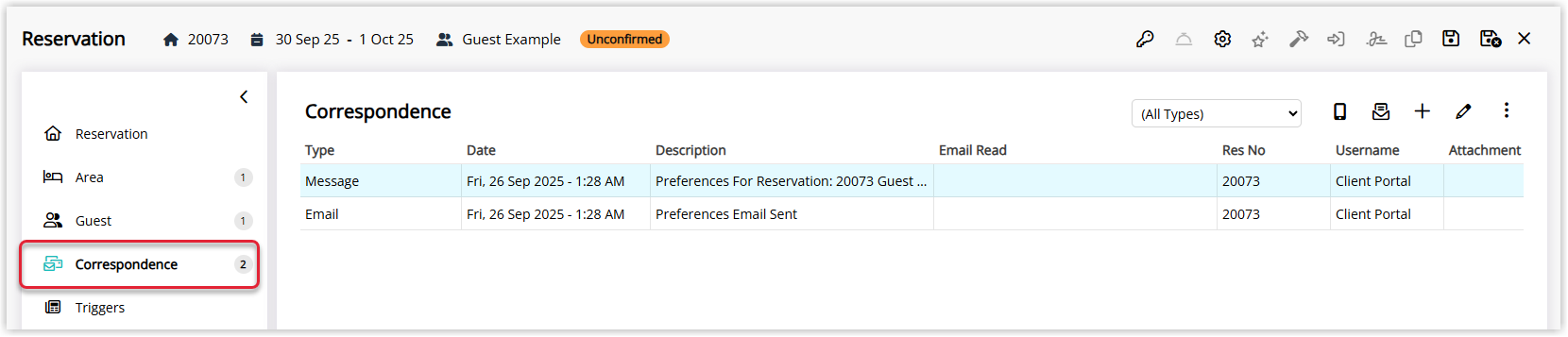 Screenshot of reservation correspondence in RMS (such as a confirmation email preview) showing the selected furniture items included in the booking details sent to the guest.