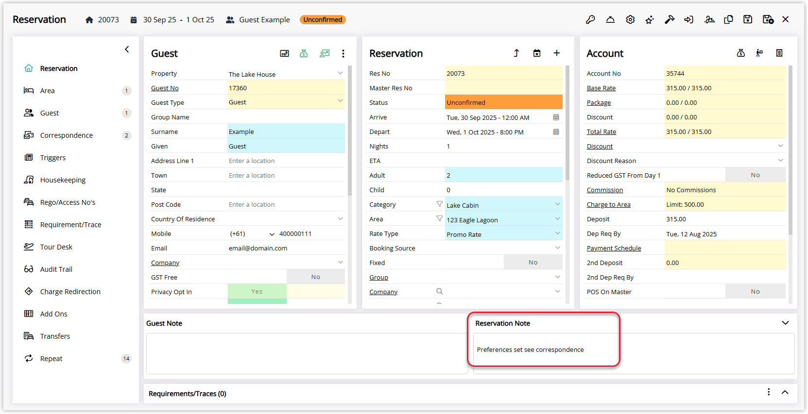 Screenshot of the Notes section on an RMS reservation showing internal notes that record requested or allocated furniture items for the booking.