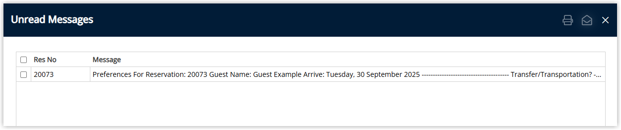 Screenshot of a message alert on an RMS reservation highlighting a notification about required furniture items, drawing staff attention to furniture setup for the booking.