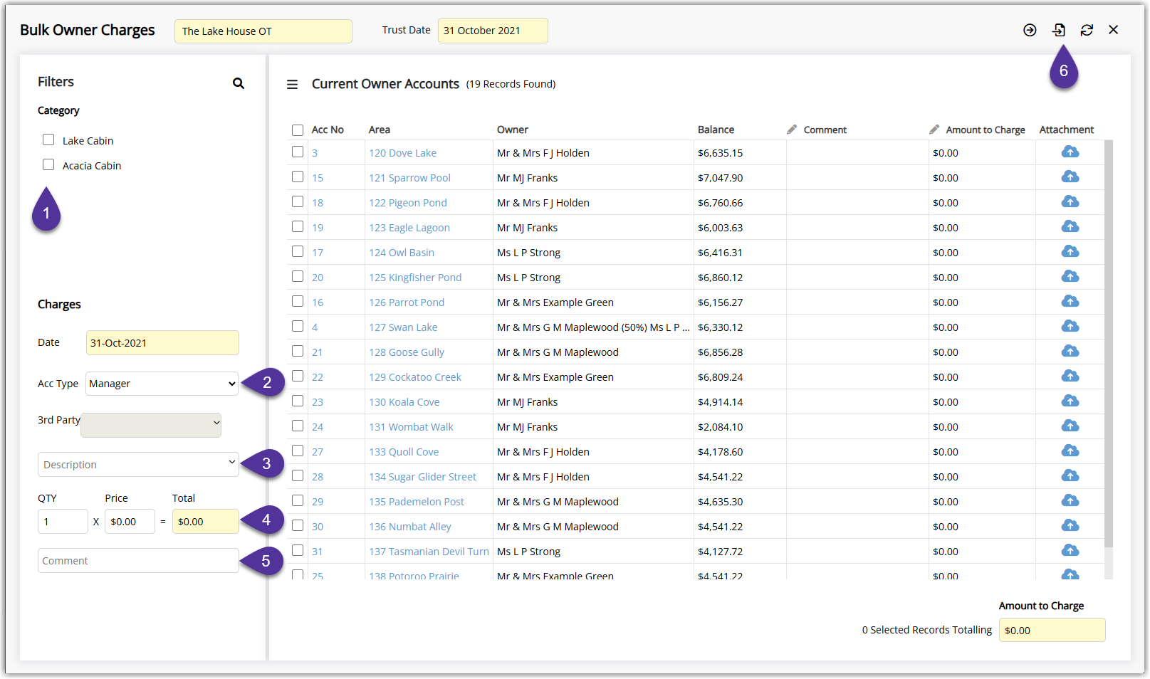 Annotated screenshot of the Bulk Owner Charges screen in RMS showing the filters panel and the list of current owner accounts
