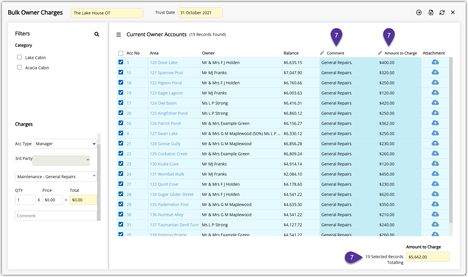 Annotated screenshot of the Bulk Owner Charges screen in RMS showing owner accounts with Comment and Amount to Charge columns populated from the CSV import